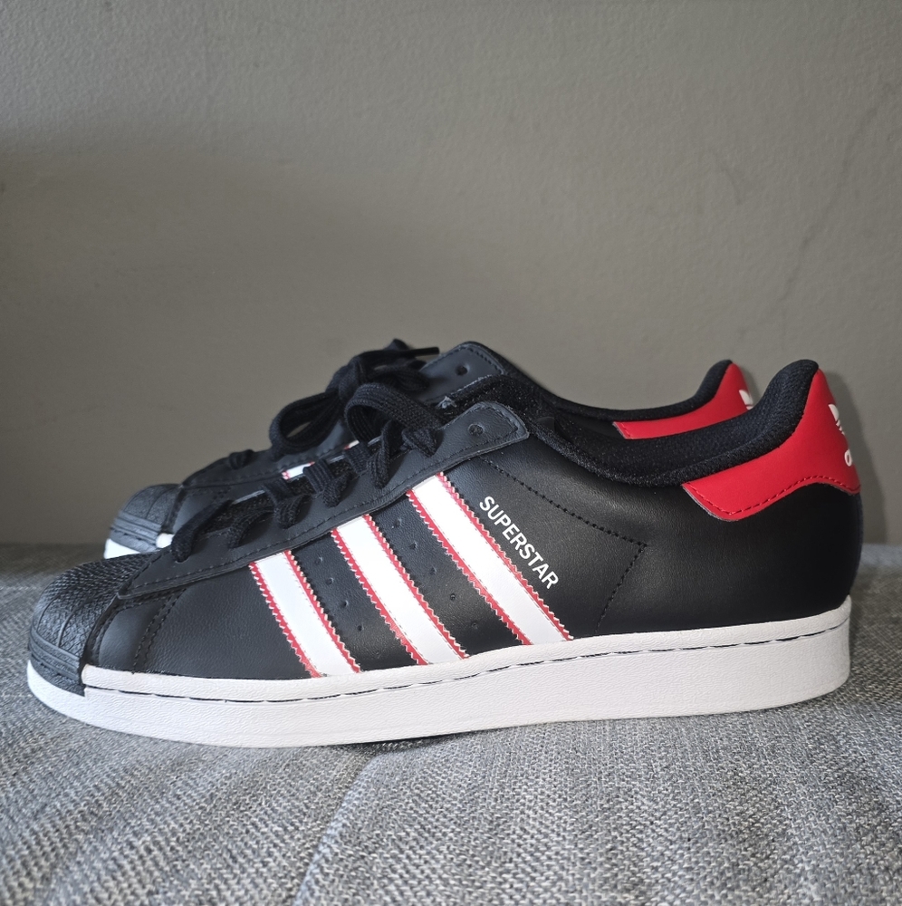 adidas Superstar Black White Scarlet, size 9
